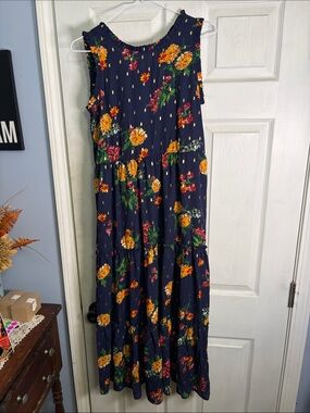 Zunie Navy Floral Tiered Maxi Dress with Yellow & Pink Blooms